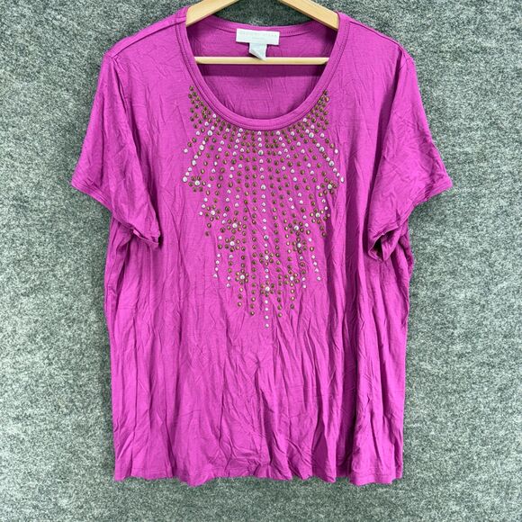 Design History Tops - Design History T-Shirt Women 2X Plus Purple Short Sleeve Rhinestone Casual